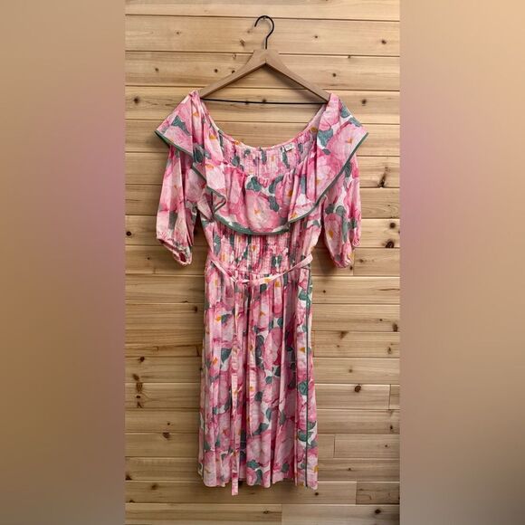 Vintage Floral Pleated Off The Shoulder Size Medium Cotton Midi Dress - Picture 1 of 14